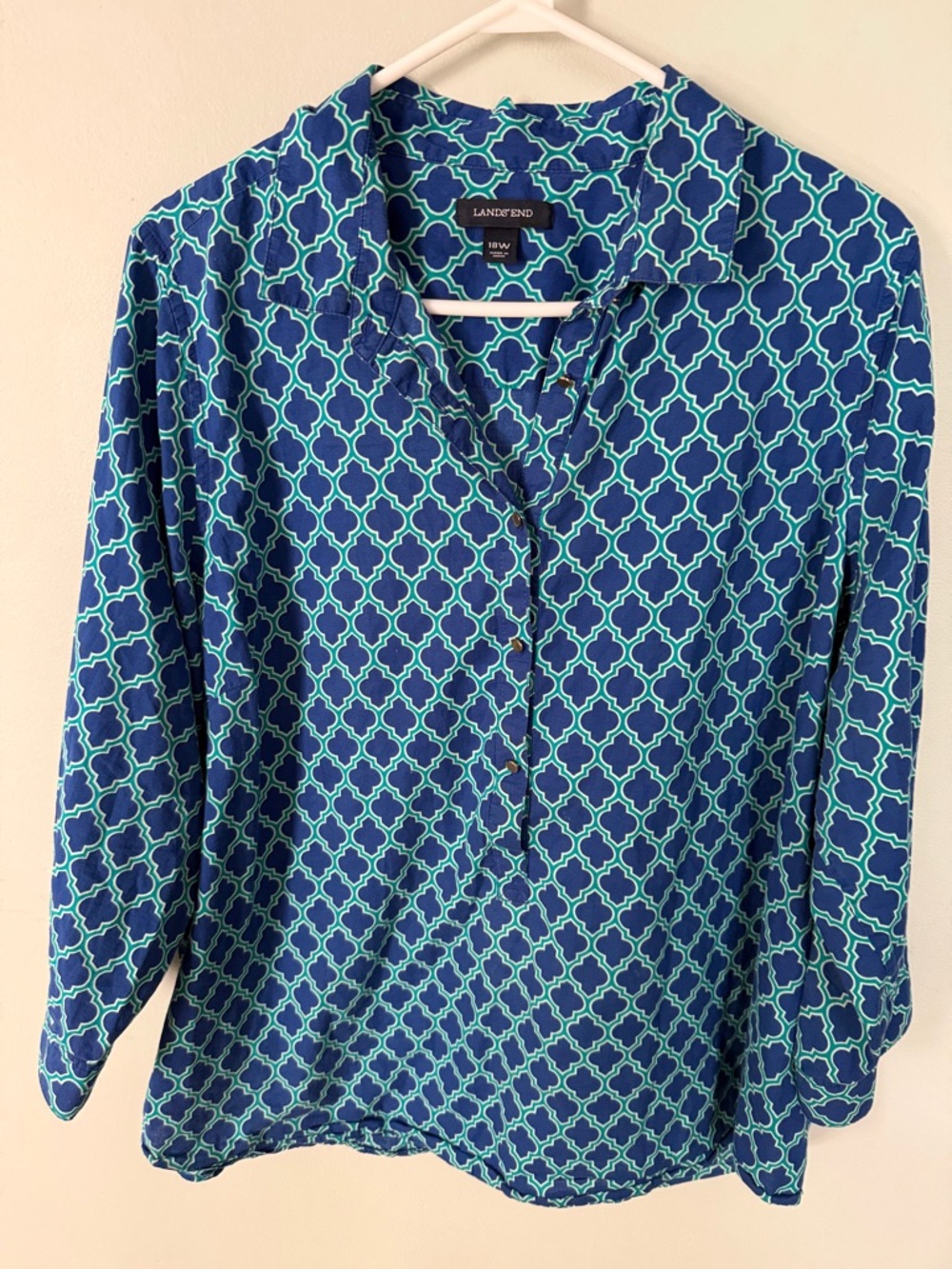 Lands' End Blue and Green Geometric Trellis Blouse Size 18W